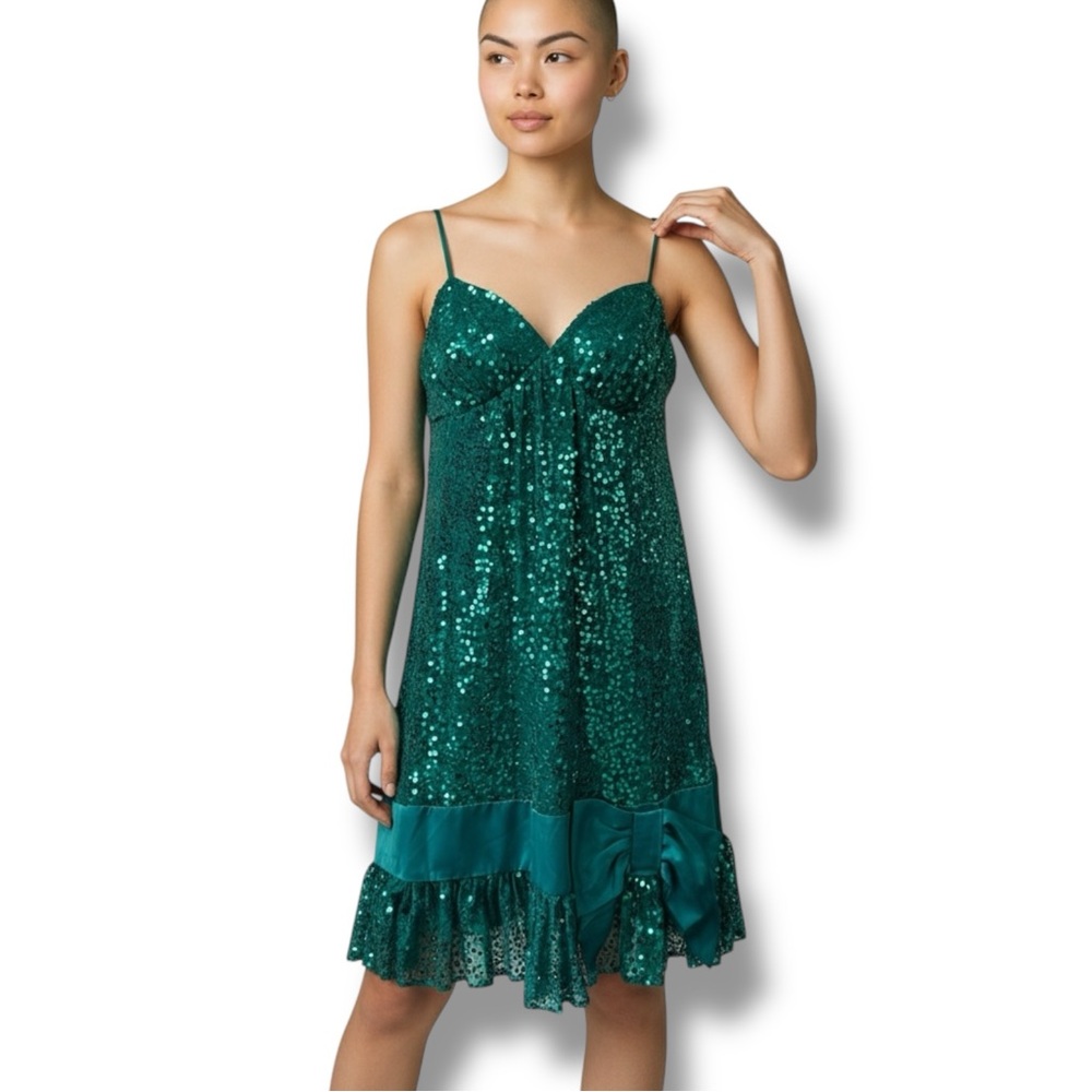 Vintage Betsey Johnson Jeweled Green Sequin Ribbon Evening Glam Slip Dress 6